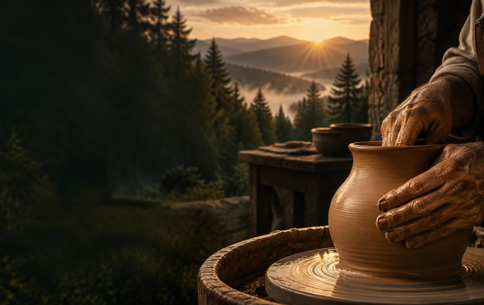 A potter shaping a clay vessel at sunrise